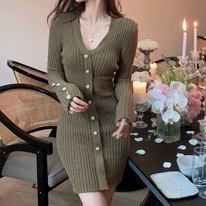 Elegant Olive Green Ribbed Knit Dress